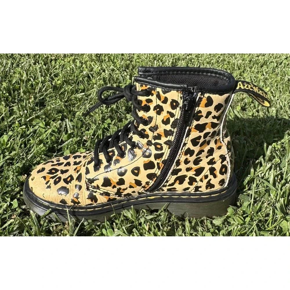 Dr. Martens 1460 J Boots Kids Size 2 Beige Leopard Combat Zip Leather Girls Boys